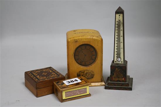A Mauchlinware money box, a Tartanware thermometer and two boxes